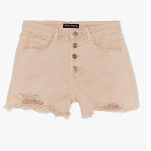 Fray You Will Distressed Denim Shorts in tan.